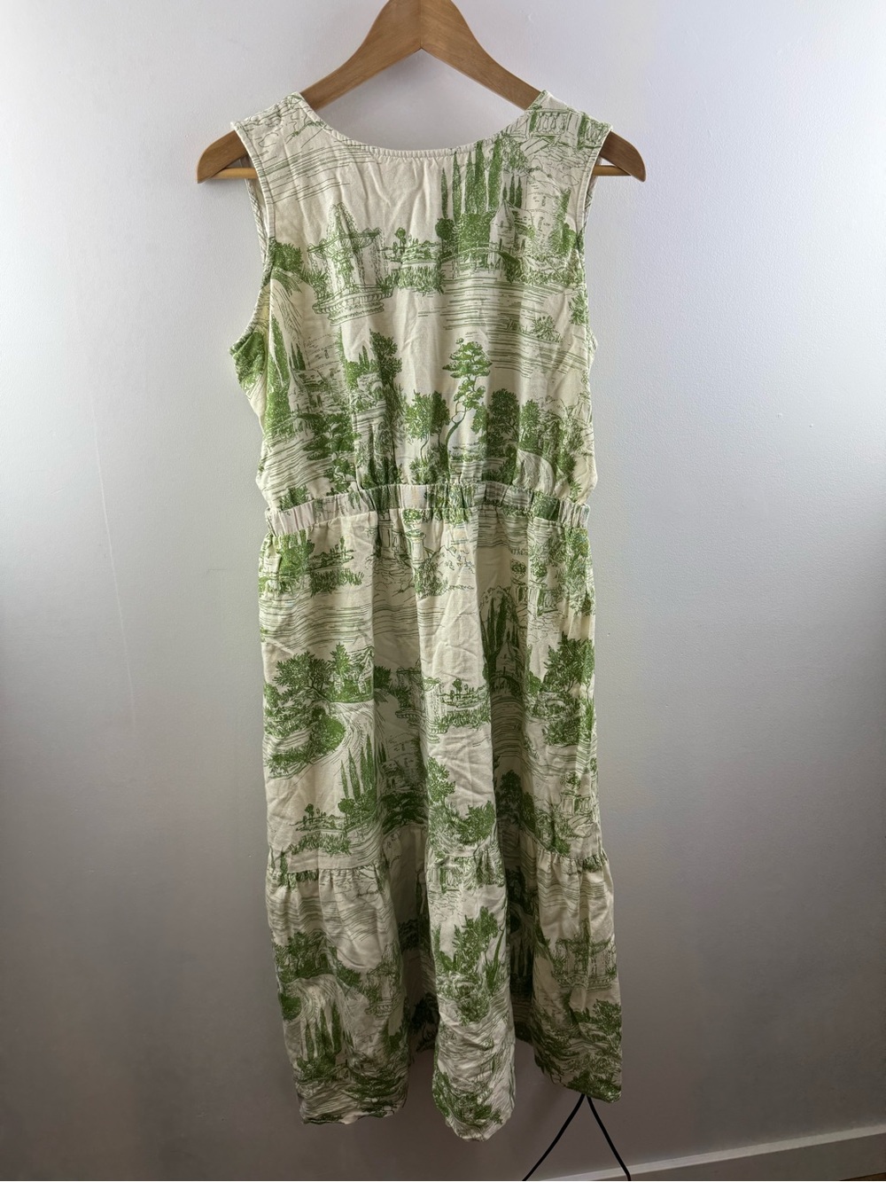 Sincerely Jules Green Toile de Jouy Linen Blend Smocked Midi Dress XL